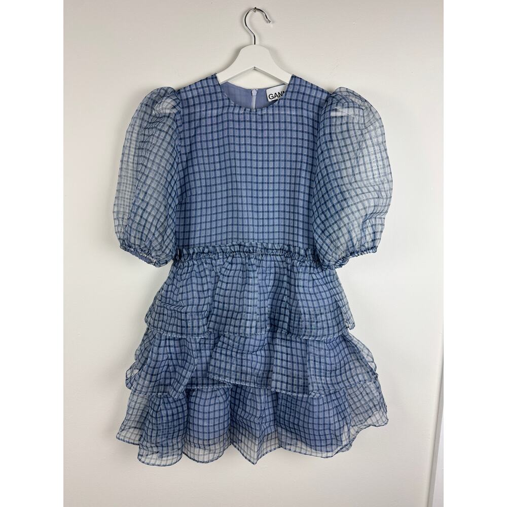 Ganni Check Organza Puff Sleeve Dress